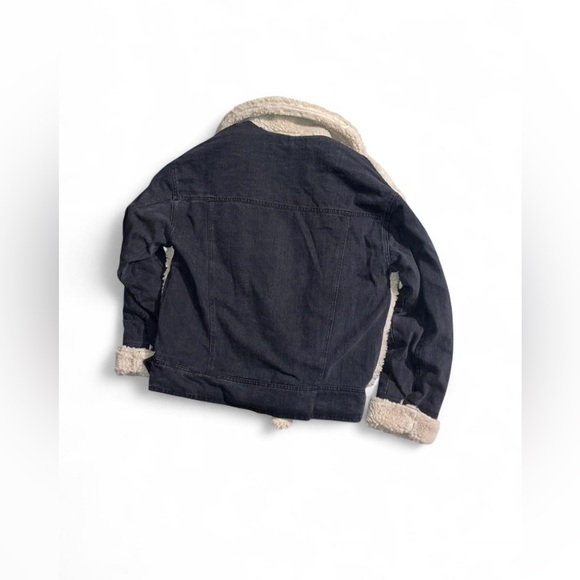 Blank NYC Ivory black faux fur jacket denim M Double breasted belted hem NWT - Picture 7 of 7